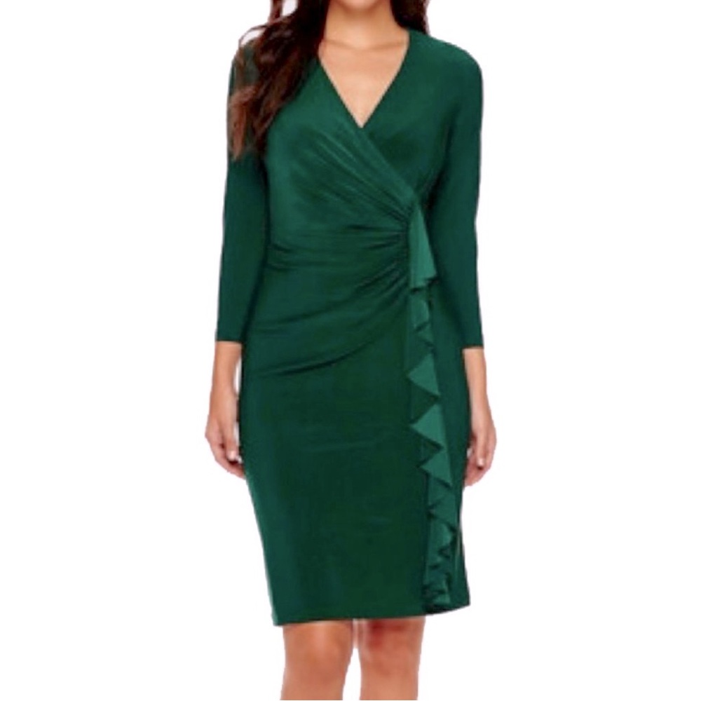 Black Label by Evan-Picone 3/4-Sleeve Ruffle Dress in Emerald Green